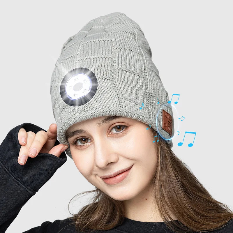 Unisex Bluetooth Headlamp Hat Headphones Beanie with LED Music Cap Built-in Speakers & Mic Earbuds